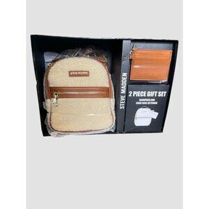 Steve madden Cream / Brown Sherpa Mini Backpack With Card Case Sets Gifting NIB